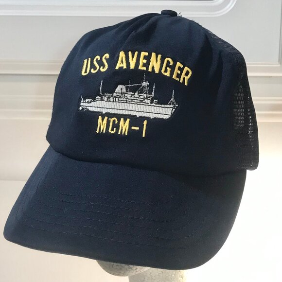 Vintage USS Avenger MCM-1 Navy Ship Snapback Hat Cap Mens Blue Large Made inUSA - Picture 1 of 14